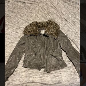 Grey Leather Jacket with Fur